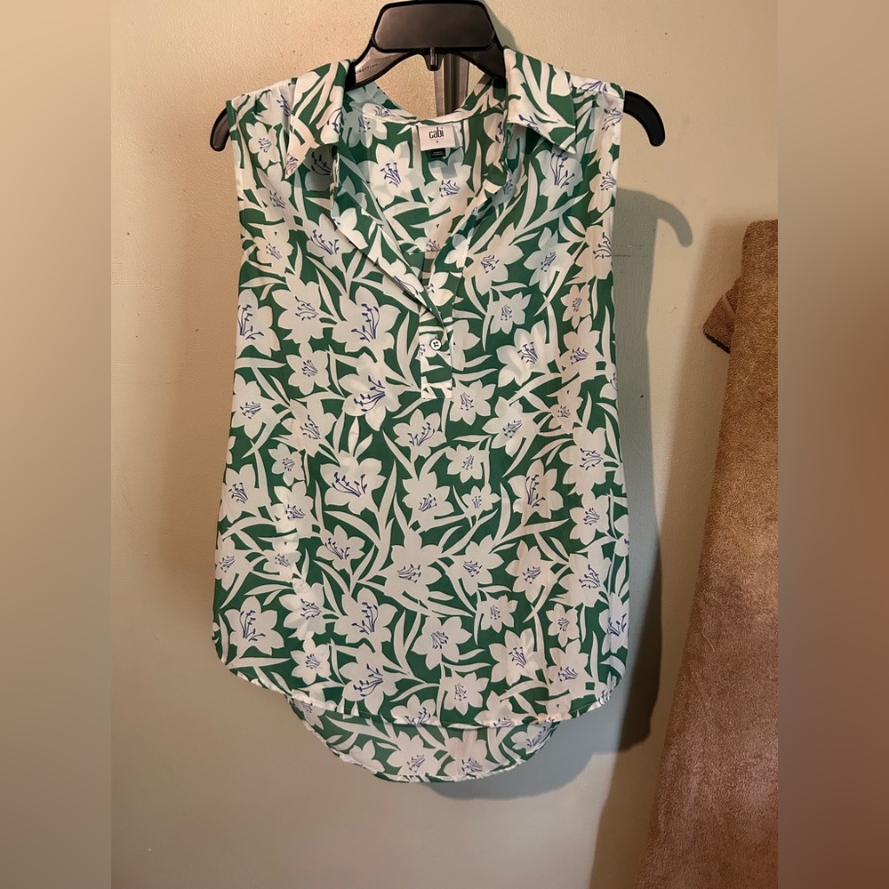CAbi White and Green Button Down Blouse with Notched Collar